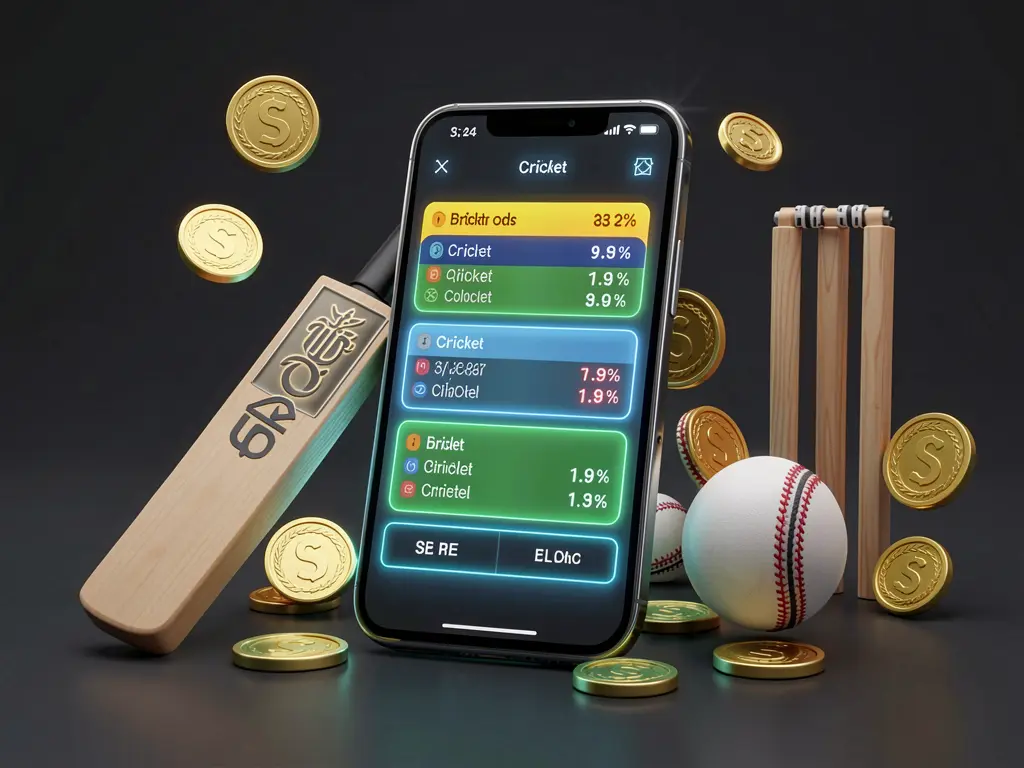 OG444 modern cricket betting scene with a smartphone displaying glowing cricket odds interface surrounded by a cricket bat, ball, wickets, and golden coins in a premium 3D illustration