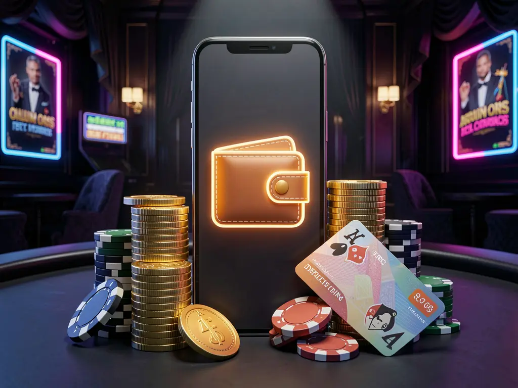 OG444 online casino deposit bonus concept with smartphone displaying glowing wallet icon, surrounded by stacks of golden coins, poker chips, and bank cards on a dark luxury background with neon highlights