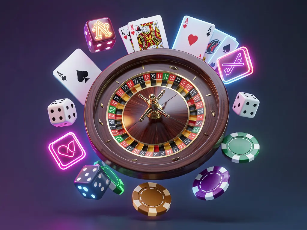 OG444 online casino games collection featuring a neon glowing roulette wheel, blackjack cards, dice, slot symbols, and poker chips floating together in a premium 3D render