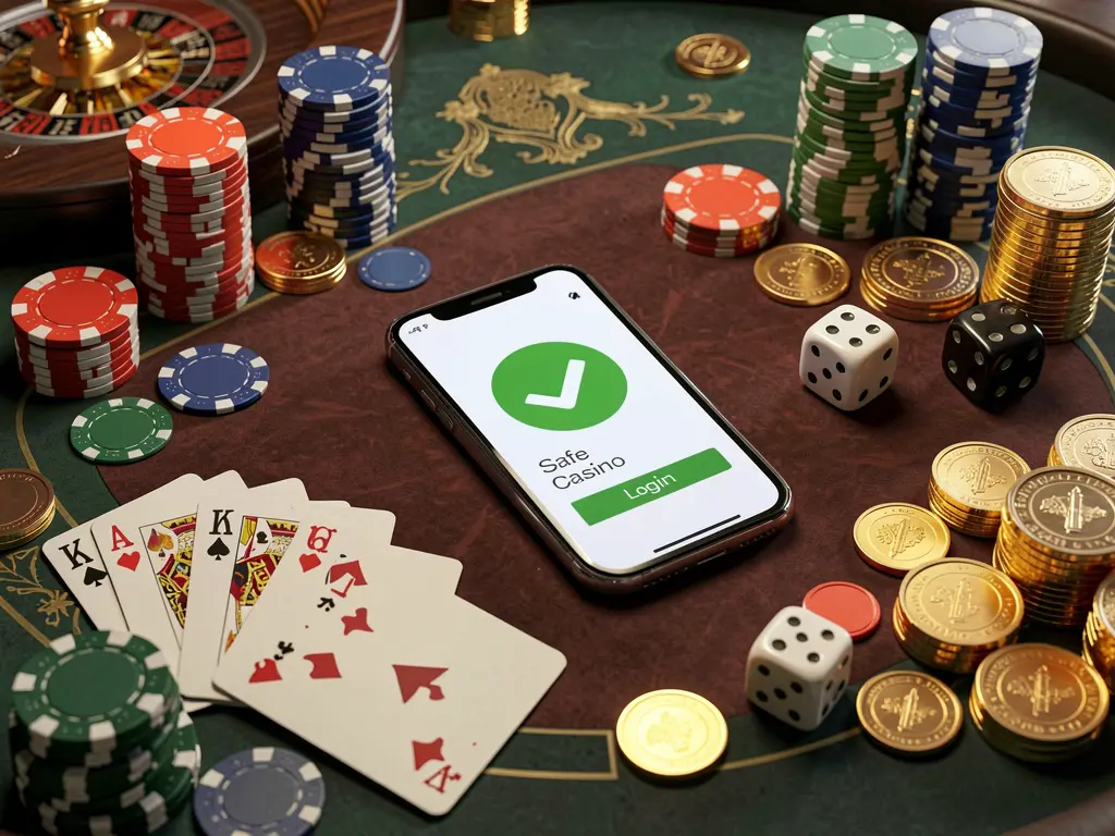 OG444 safe casino login concept featuring a smartphone with a verification checkmark icon surrounded by chips, cards, dice, and golden coins on an elegant luxury casino table in a 3D realistic render