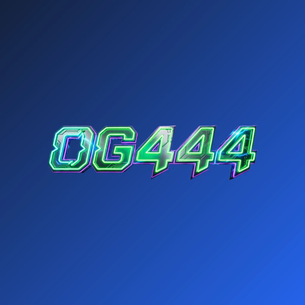 Futuristic neon logo for OG444 with thick angular typography and vivid green, blue, and purple glowing sharp tech-inspired details on a transparent background, designed as a wide horizontal rectangular wordmark for a website header